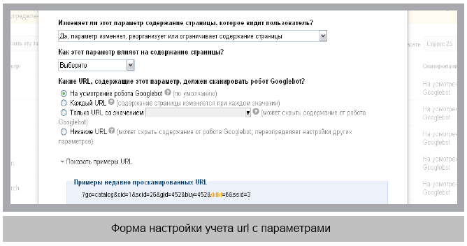 Форма настройки учета URL с параметрами
